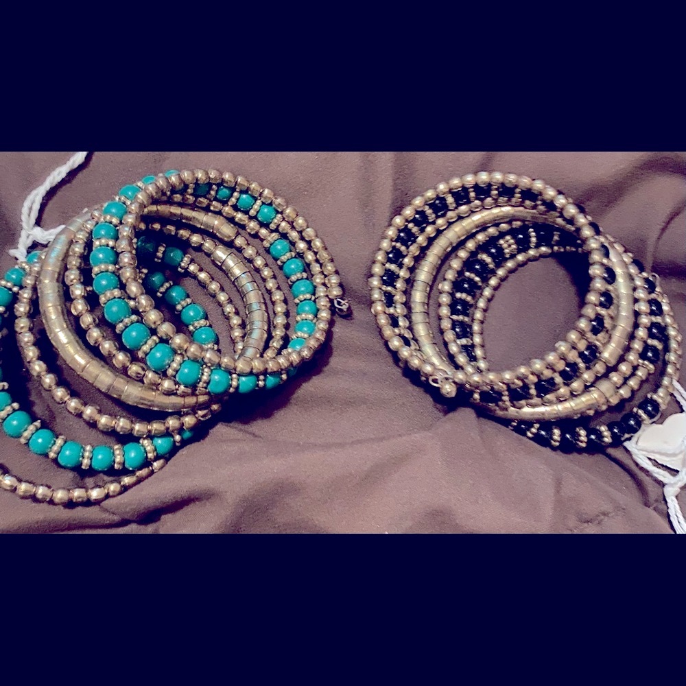 2 bangle stretched bracelets,black w/brass green!